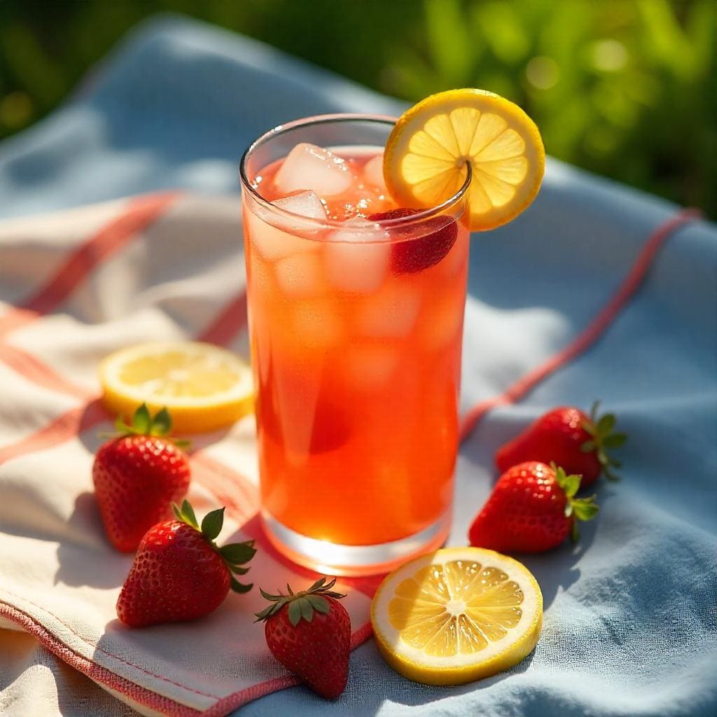 Herbatka o smaku truskawkowej lemoniady w wersji mrożonej, podana w przezroczystej, wysokiej szklance na pikniku w letni dzień. Wokół szklanki leżą świeże truskawki i plasterki cytryny.