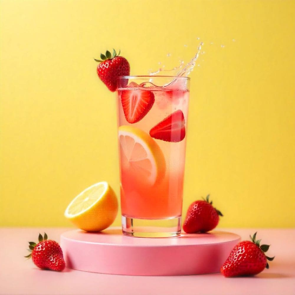 strawberry lemonade - herbatka owocowa o smaku truskawkowej lemoniady zaparzona na zimno w wysokiej szklance z dodatkiem kawałków truskawek i plasterków cytryny na różowo-żółtym tle.